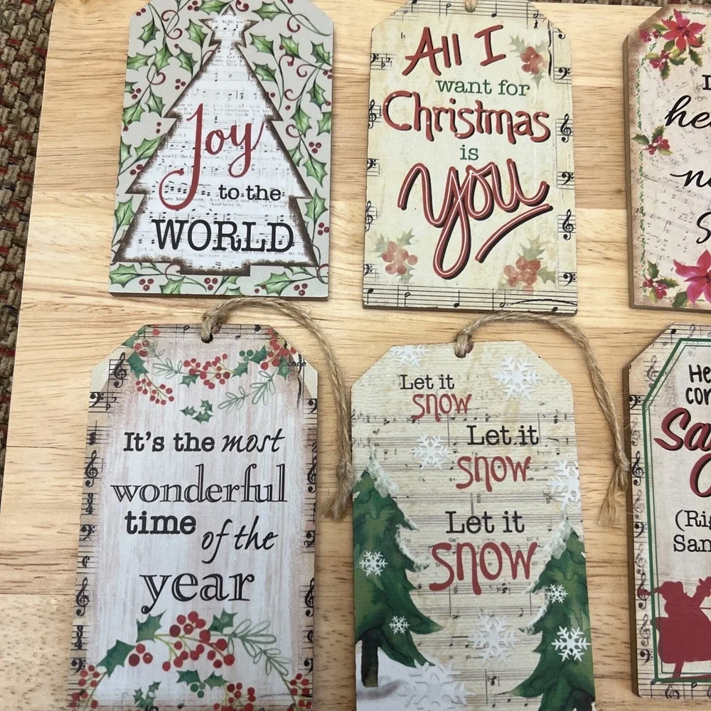 Ganz Wooden Christmas Ornaments/Decor Tags - Set of 8 Sayings Of Songs Rustic